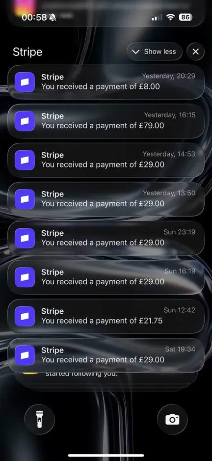 Stripe payment notifications on a phone: a £79 payment and several £29 payments over a few days