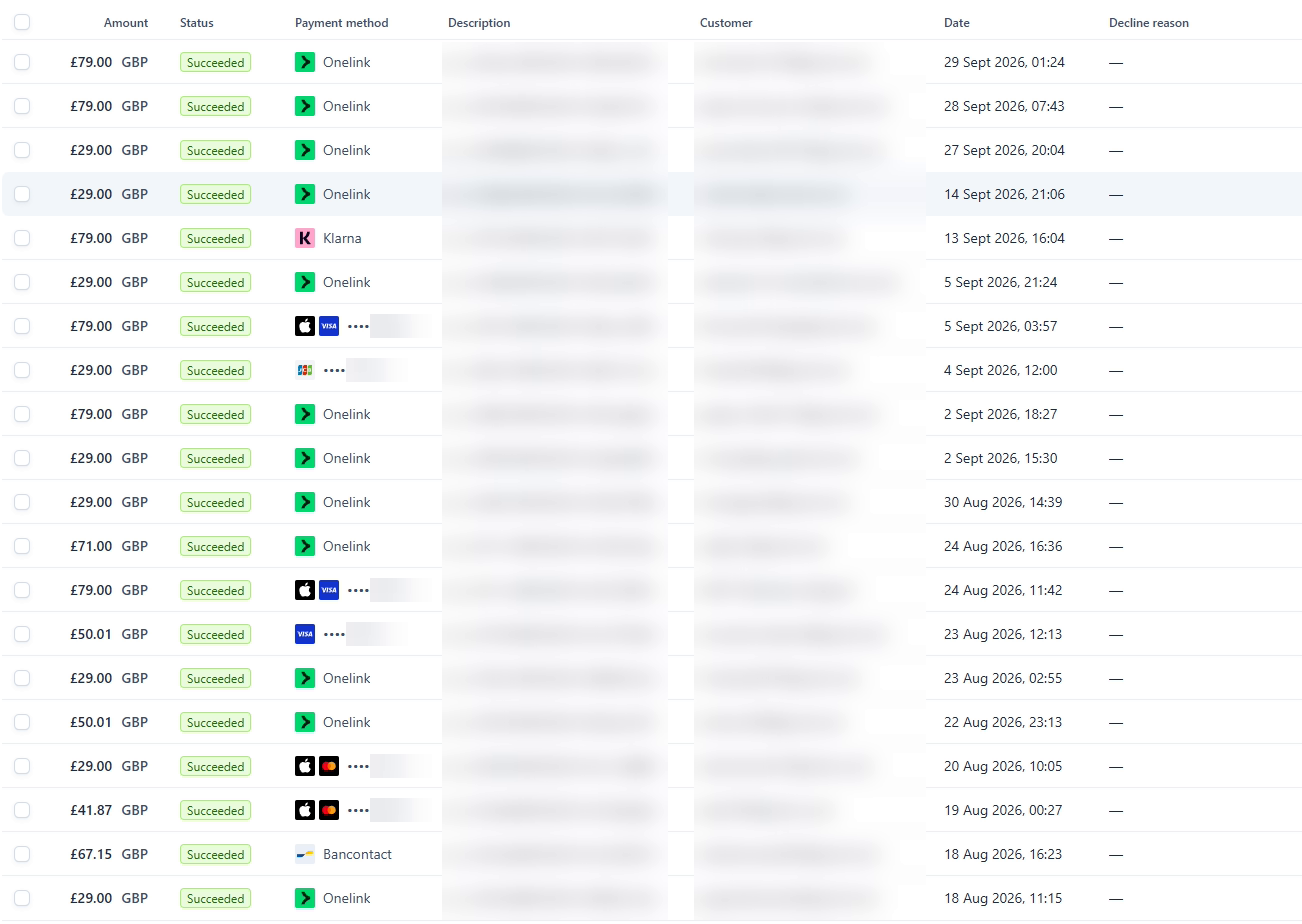 Stripe payments list: successful GBP payments