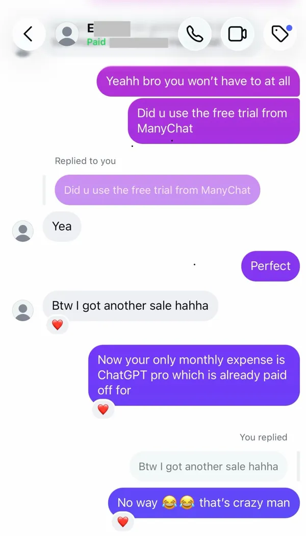 Instagram DM: student says he used a DM automation free trial and got another sale