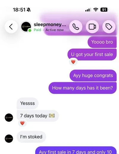 Instagram DM: student reports first sale seven days in