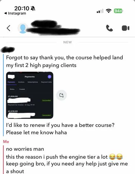 DM: student landed his first two high-paying clients, Stripe showing £1,000 and £2,018 succeeded