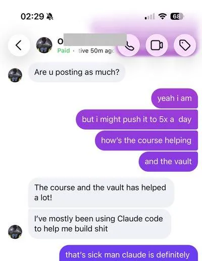 Instagram DM: student says the course and vault helped a lot